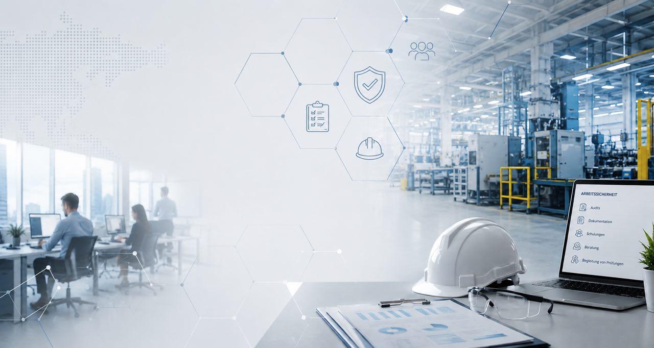 Industrielle Produktionsumgebung mit Schutzhelm, Schutzbrille und Arbeitssicherheits-Dokumentation im Vordergrund